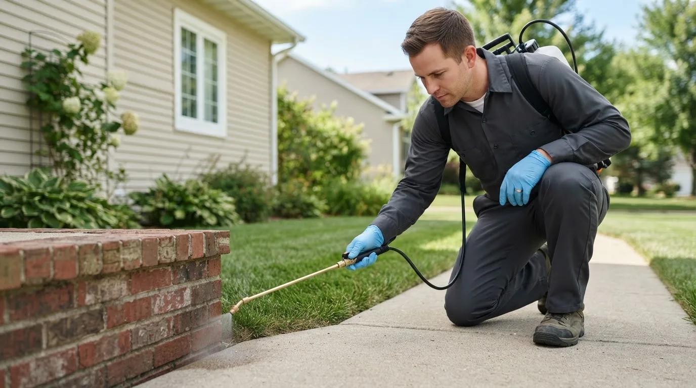 Pest control technician treating a home near Rock Falls, IA