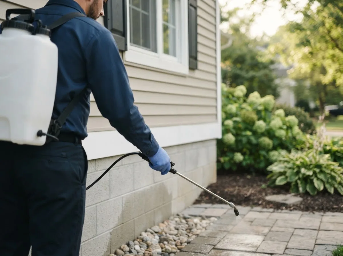 Pest control technician inspecting a home in Rock Falls, IA